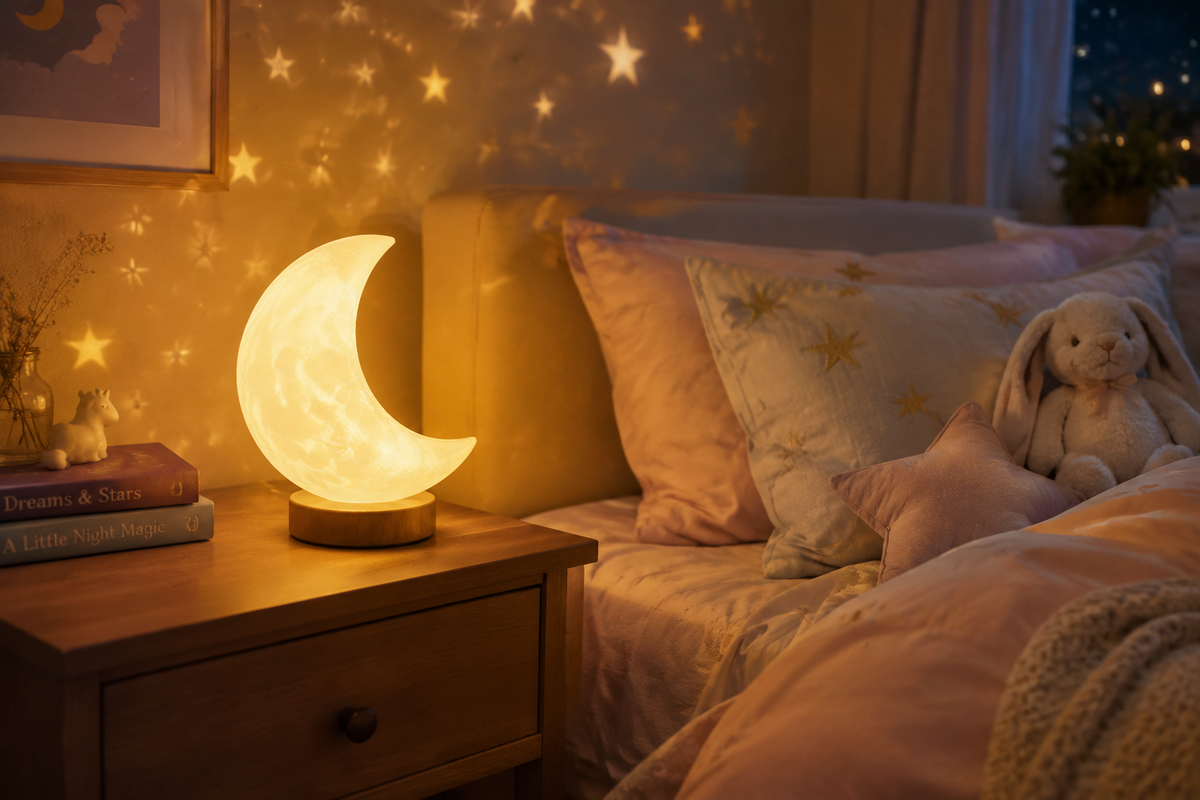 Starry Moon Lamp glowing on a nightstand in a dreamy bedroom