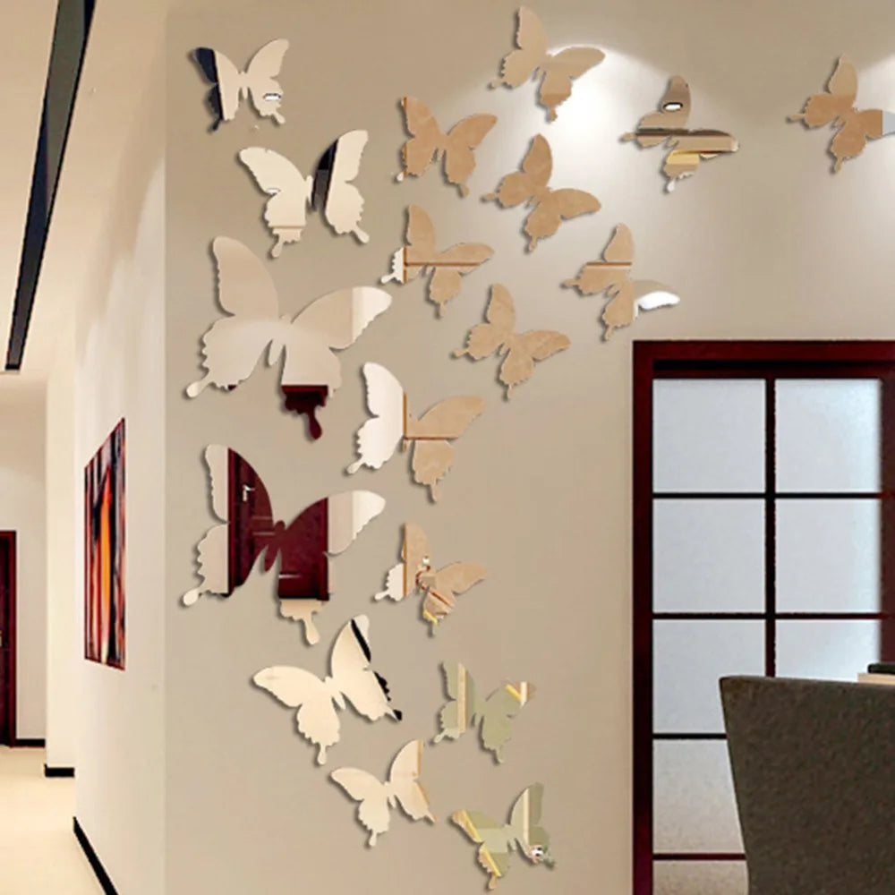 12Pcs 3D Butterfly Mirror Wall Sticker Decal Removable DIY Art Party Wedding Decoration Kids Room Home Decor Crystal Sticker
