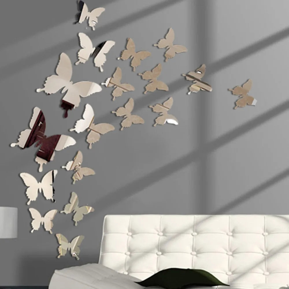 12Pcs 3D Butterfly Mirror Wall Sticker Decal Removable DIY Art Party Wedding Decoration Kids Room Home Decor Crystal Sticker